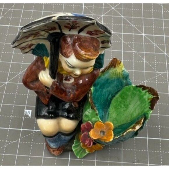 Numbered Italian Majolica Ceramic Child With Umbrella Planter Figure - Picture 5 of 6